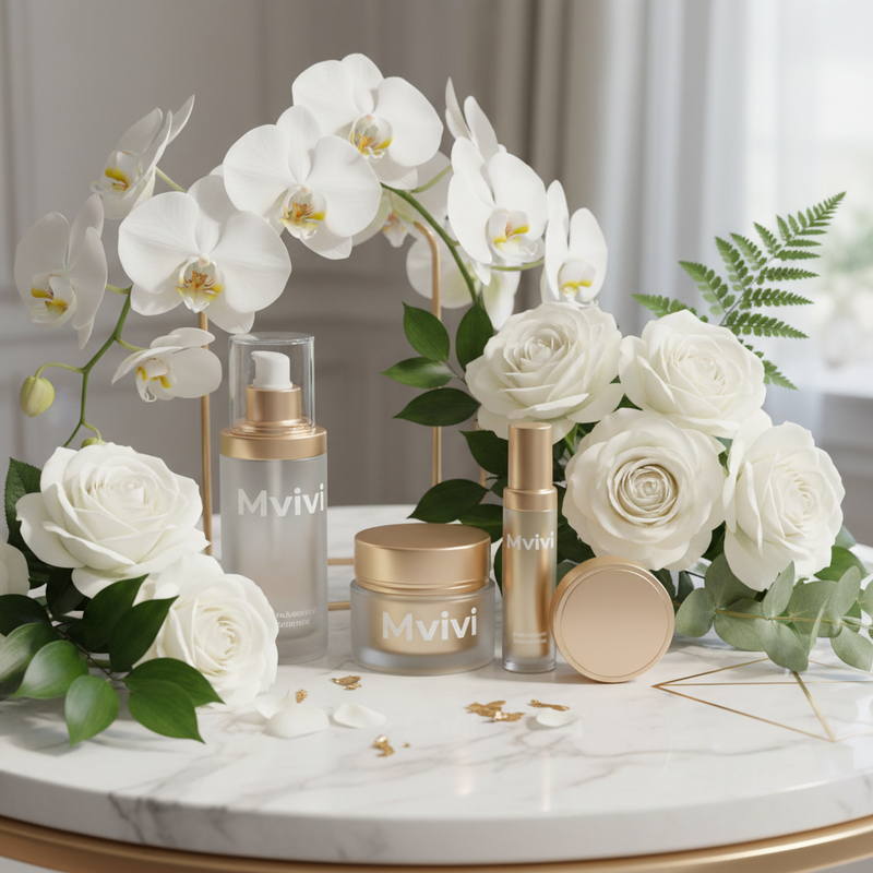 White orchids on marble with gold accents